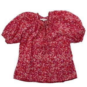 HOUSE‎ OF HARLOW 100% Cotton Loose Short Puff Sleeve Feminine Top SM Red Pink